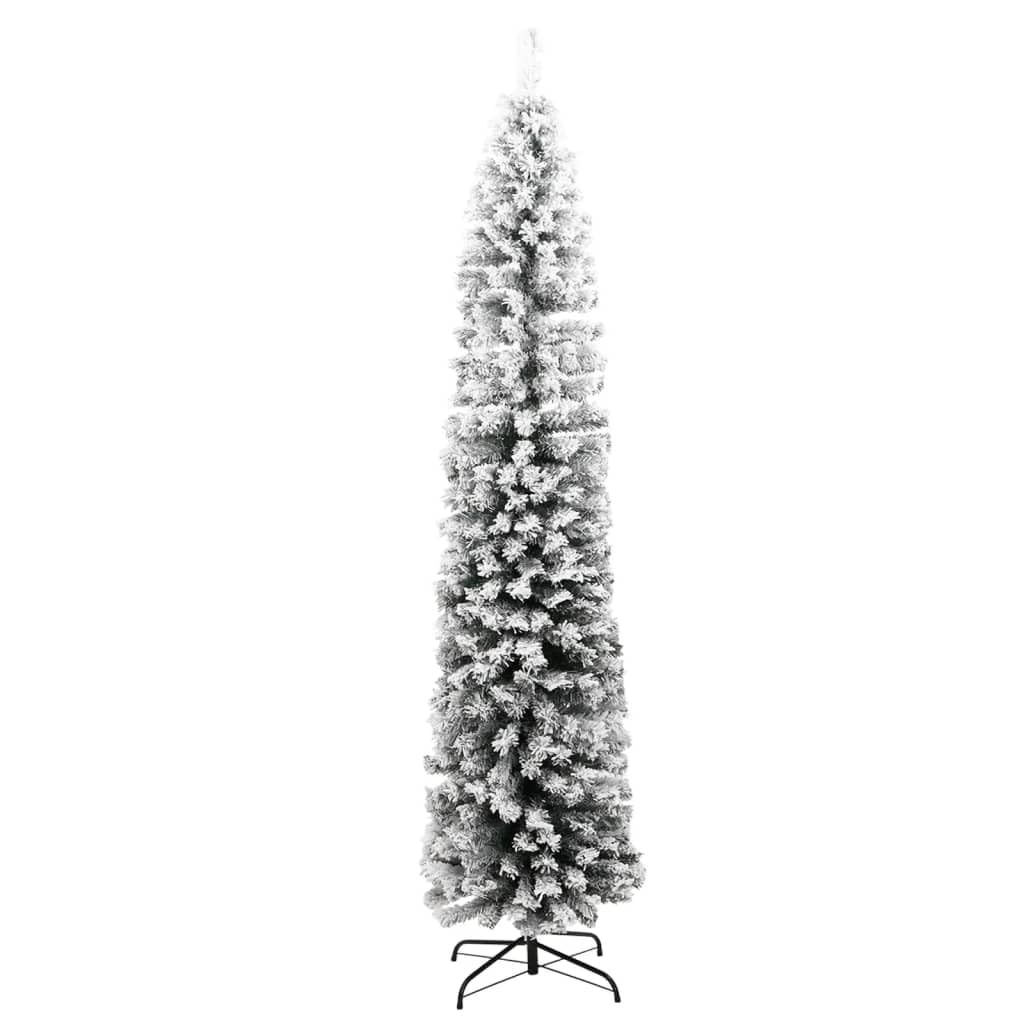 vidaXL Slim Artificial Christmas Tree with Flocked Snow & Steel Stand, 8ft Lifelike Green PVC, Full-Bodied Indoor/Outdoor Holiday Decor, Easy Assembly, Without Ornaments/Lights